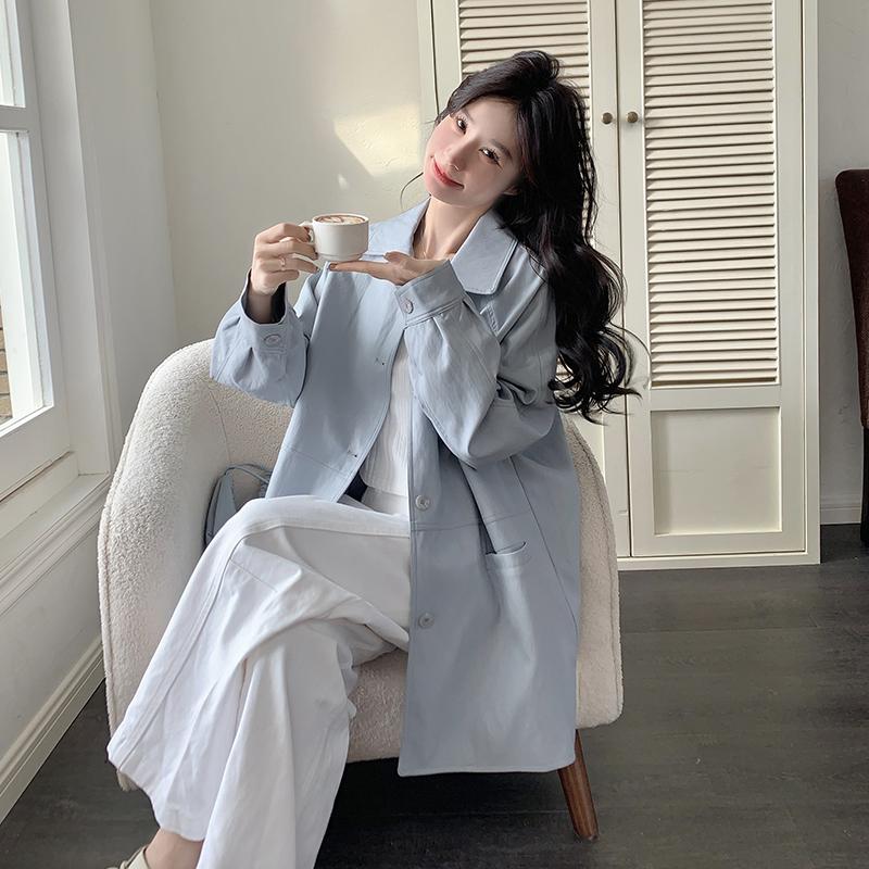 蓝色PU皮衣外套女2025春季新款韩系高级感小个子宽松百搭翻领夹克,女装短外套,浙宝131