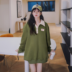 复古学院风绿色polo领卫衣女秋秋2025超火美式慵懒chic多巴胺上衣图片