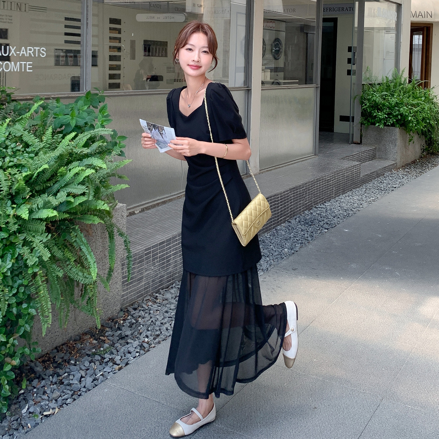 黑色御姐风气质显瘦连衣裙女2025夏季新款高级感拼接泡泡袖鱼尾裙,女装连衣裙,浙宝131