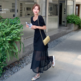 黑色御姐风气质显瘦连衣裙女2025夏季新款高级感拼接泡泡袖鱼尾裙，女装连衣裙，象礼