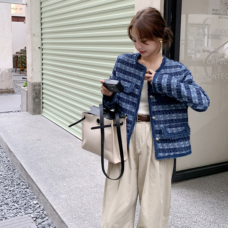 蓝色条纹小香风外套女2024秋季新款牛仔拼接名媛气质小个子短上衣,女装短外套,浙宝131