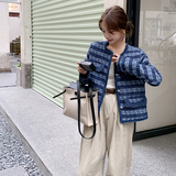 蓝色条纹小香风外套女2024秋季新款牛仔拼接名媛气质小个子短上衣，女装短外套，象礼