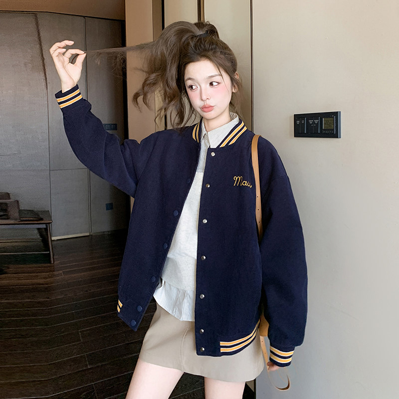 美式学院风藏蓝色短款棒球服外套女春秋超火好看高级小众夹克上衣,女装短外套,浙宝131