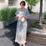 氛围感淡人穿搭蕾丝吊带裙两件套2025新款夏季韩系灰色T恤裙套装，女装连衣裙，象礼