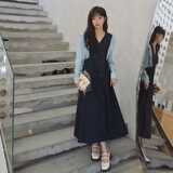 高级感法式假两件连衣裙女2025春秋木耳边v领双排扣显瘦雪纺长裙，女装连衣裙，象礼