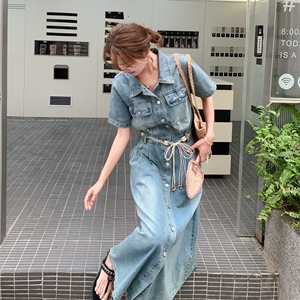 牛仔衬衫连衣裙女夏季新款复古抽绳开叉气质高腰显瘦薄款休闲长裙图片