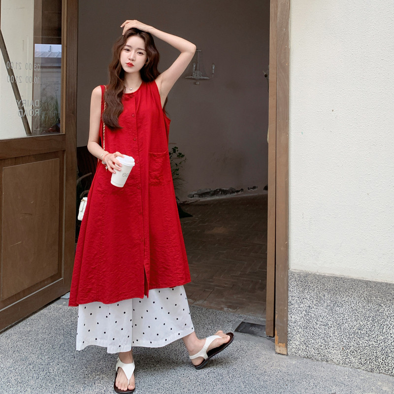 无袖红色衬衫连衣裙套装女夏波点阔腿裤两件套超火休闲松驰感流行,女装套装/套裙,浙宝131