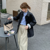 2025早春季新款超软PU蛋白皮风衣女中长款小个子条纹拼接皮衣外套，女装短外套，象礼