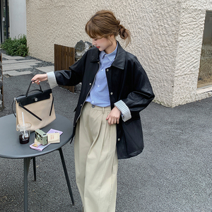 2025早春季新款超软PU蛋白皮风衣女中长款小个子条纹拼接皮衣外套图片