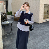 藏青色休闲套装裙女2025春季新款条纹拼接假两件上衣半身裙两件套，女装套装/套裙，象礼