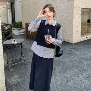休闲减龄穿搭蓝色套装女初春秋超好看高级感假两件上衣长裙两件套,白色蕾丝外搭里面穿什么图片