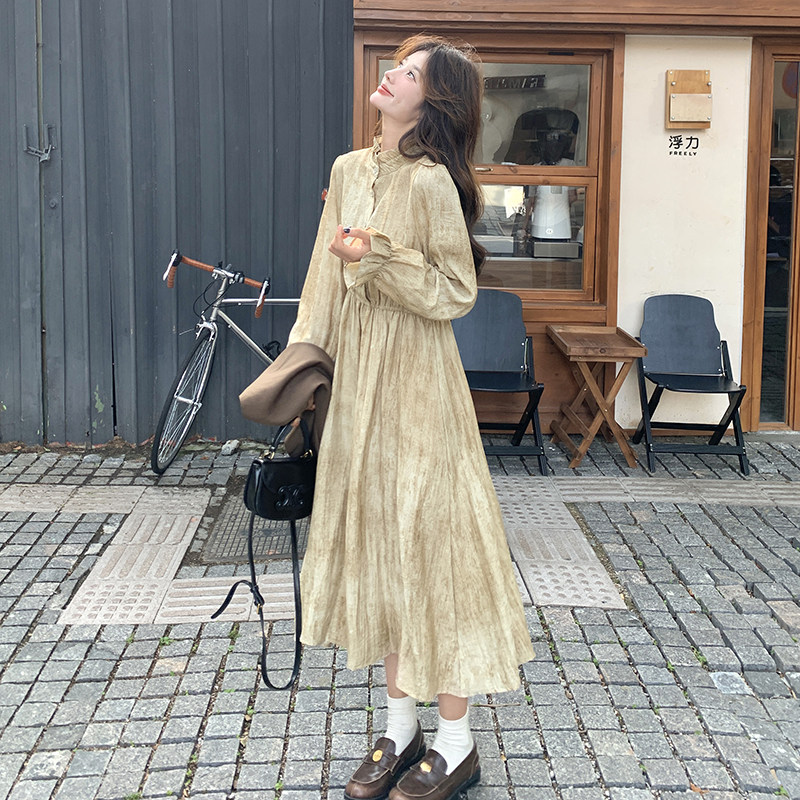 韩系氛围感穿搭马甲配卡其色连衣裙女春秋2025新款轻熟风长裙,女装连衣裙,浙宝131