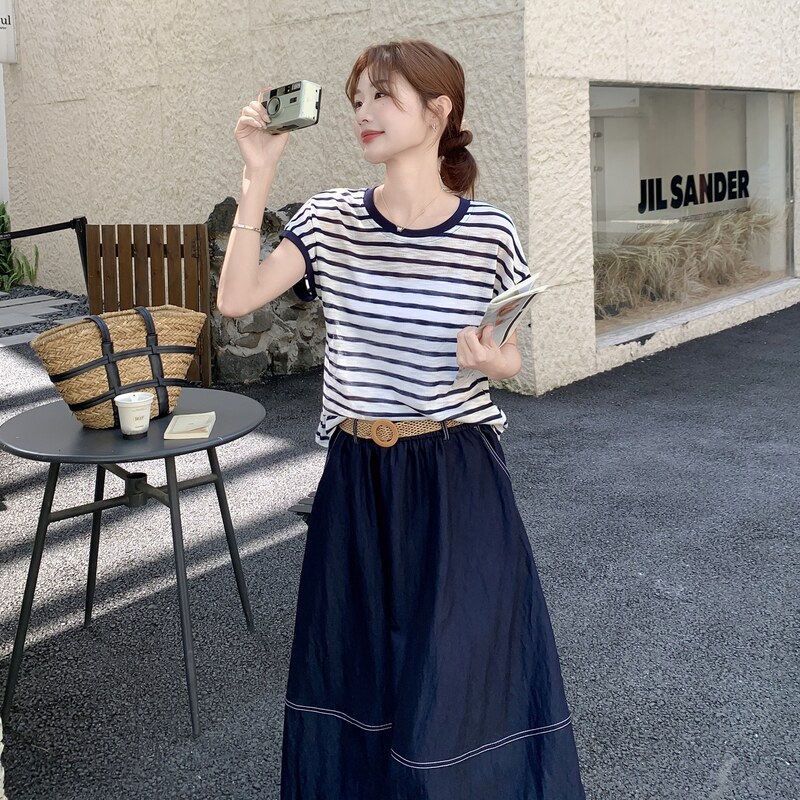 时尚气质感圆领条纹短袖高腰半身裙2025夏季新款两件套女通勤森系,女装套装/套裙,浙宝131