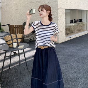 时尚气质感圆领条纹短袖高腰半身裙2025夏季新款两件套女通勤森系