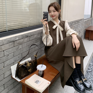 气质通勤穿搭咖色蝴蝶结连衣裙女春2025新款千金高级感假两件裙子图片