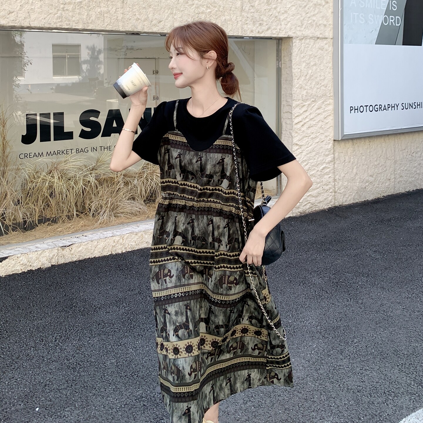 时尚气质减龄圆领印花2025夏季新款假两件连衣裙女复古薄款中长款,女装连衣裙,浙宝131