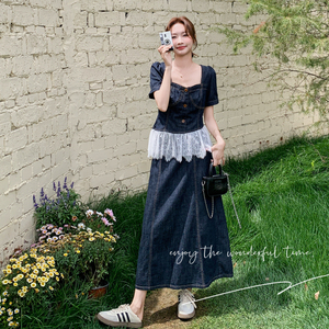 2025夏季新款法式复古蕾丝花边气质牛仔上衣高腰半身裙淡人两件套,女装套装/套裙,象礼