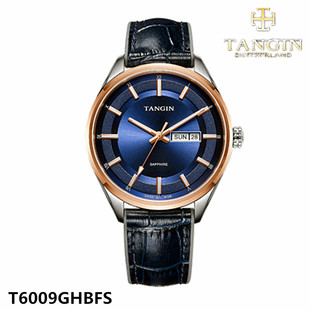 正品 男表石英表真皮表带蓝宝石镜面双日历6009 tangin天珺手表
