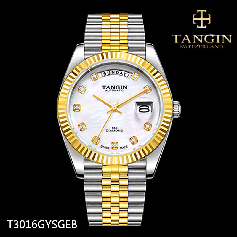 瑞士tangin天珺手表正品18K金机械男表全自动T3016GYSGEB日历3016