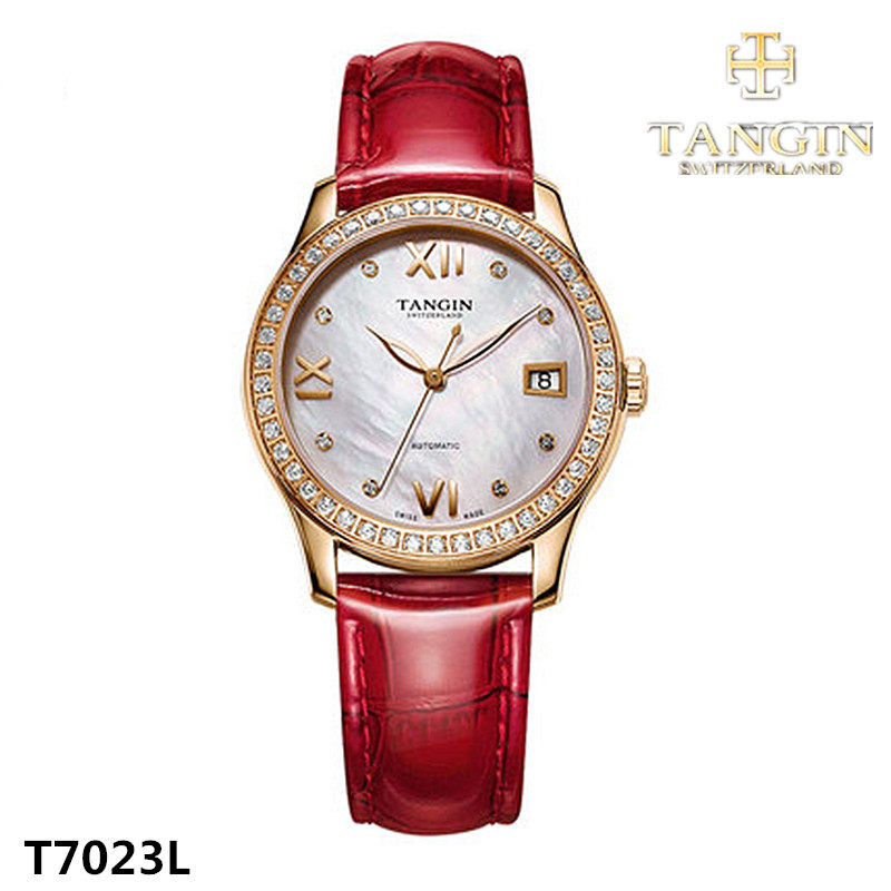 专柜正品tangin天珺手表 全自动机械女表真皮表带水钻表盘7023