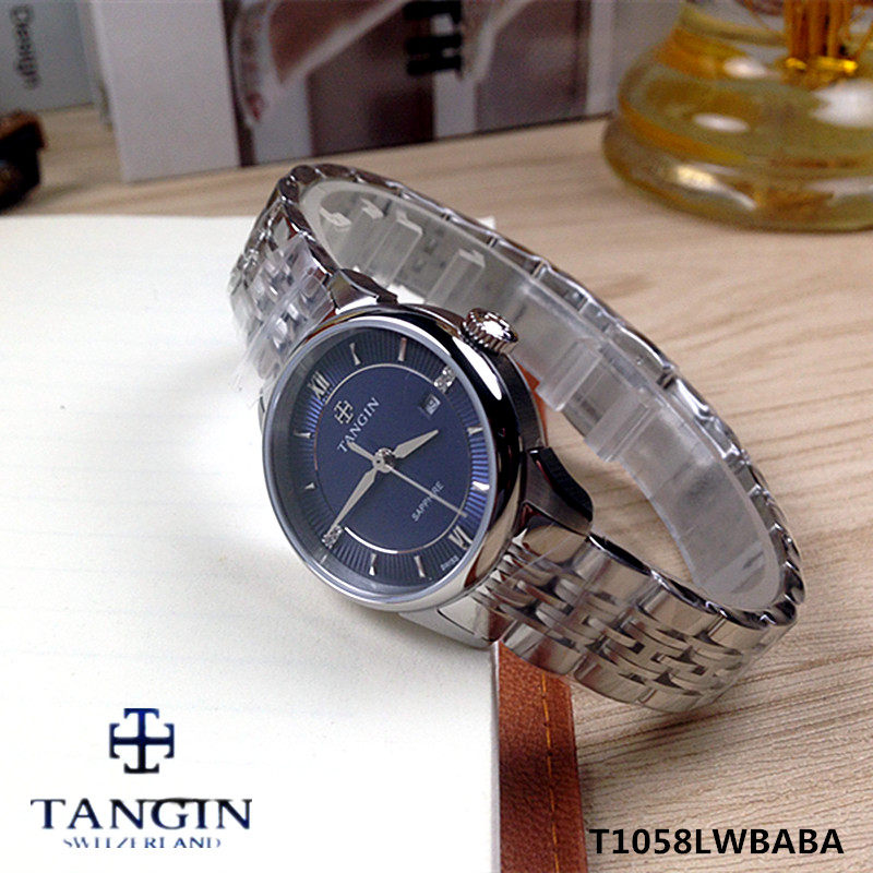 正品tangin天珺女士手表 石英表蓝色表盘t1058lwbaba日历情侣1058