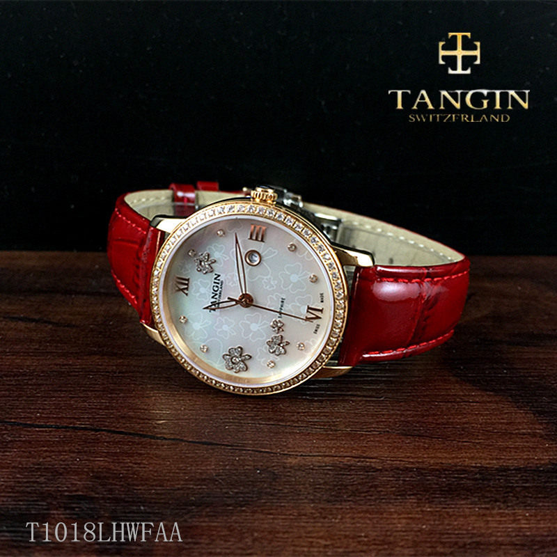 正品tangin天珺手表 皮带日历女士石英女表T1018LHWFAA防水1018