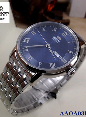 正品Orient/东方双狮男士手表 全自动机械表双日历蓝色AAOA03L0BD