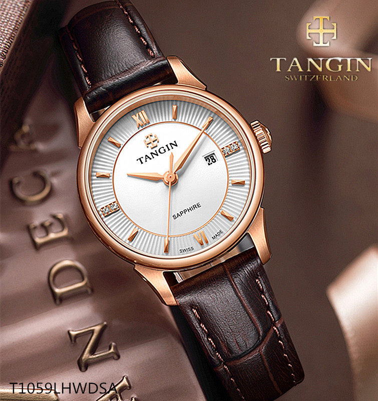 tangin天珺手表 石英女表真皮带蓝宝石日历情侣表赛格鲁系列1059