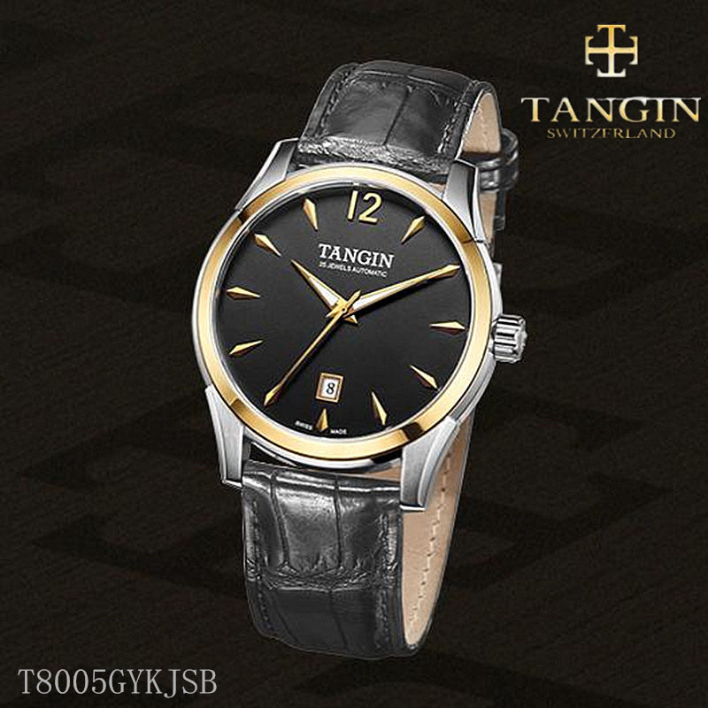 瑞士tangin天珺手表 正品18k金自动机械男表t8005gykjsb皮带8005