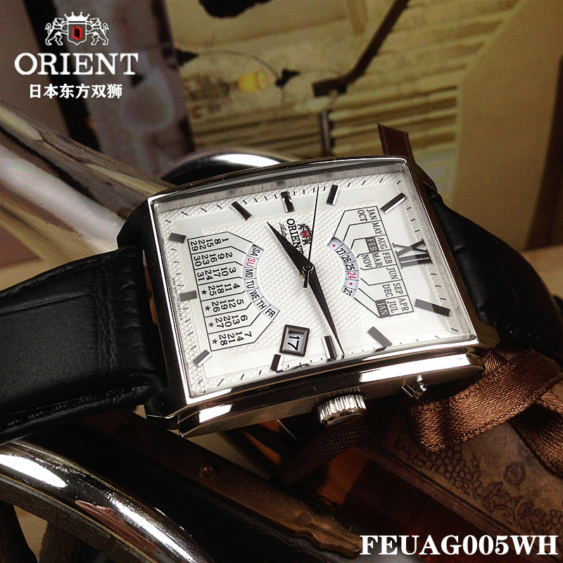 orient/东方双狮手表 长方形机械男表万年历全自动真皮feuag005wh