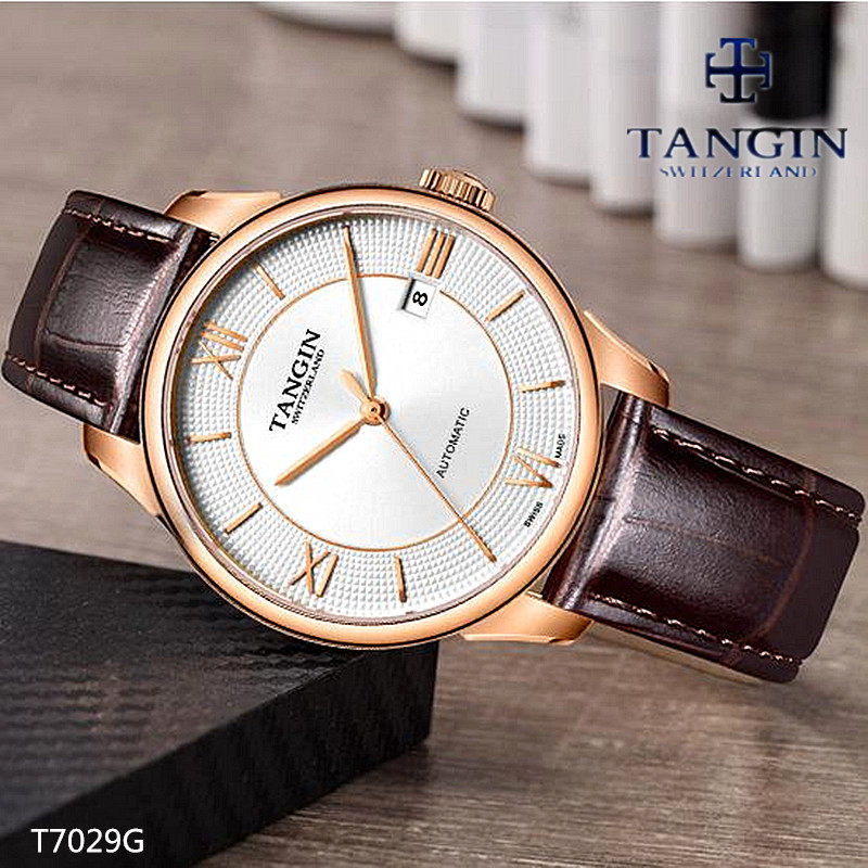 真皮男表tangin全自动机械表