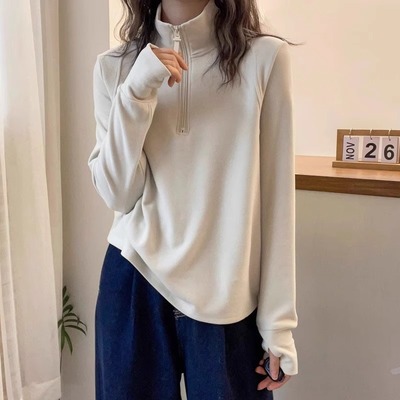 正肩半拉链立领加绒卫衣外套女秋冬宽松百搭慵懒德绒加厚长袖上衣