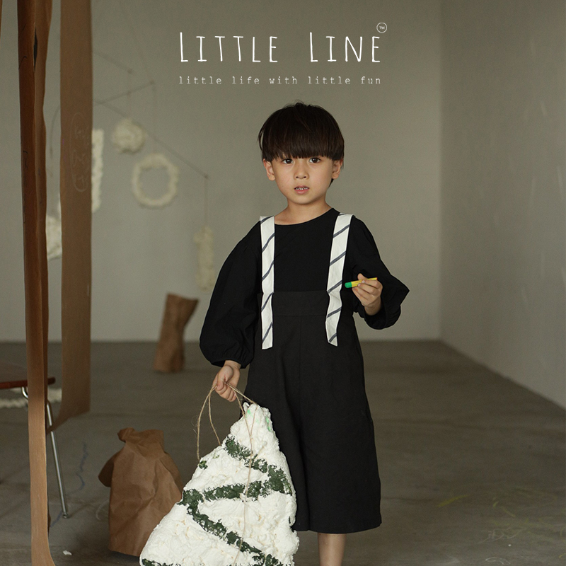 LittleLine 撞色宽肩带艺术感阔腿背带裤 儿童夏季七分阔腿裤