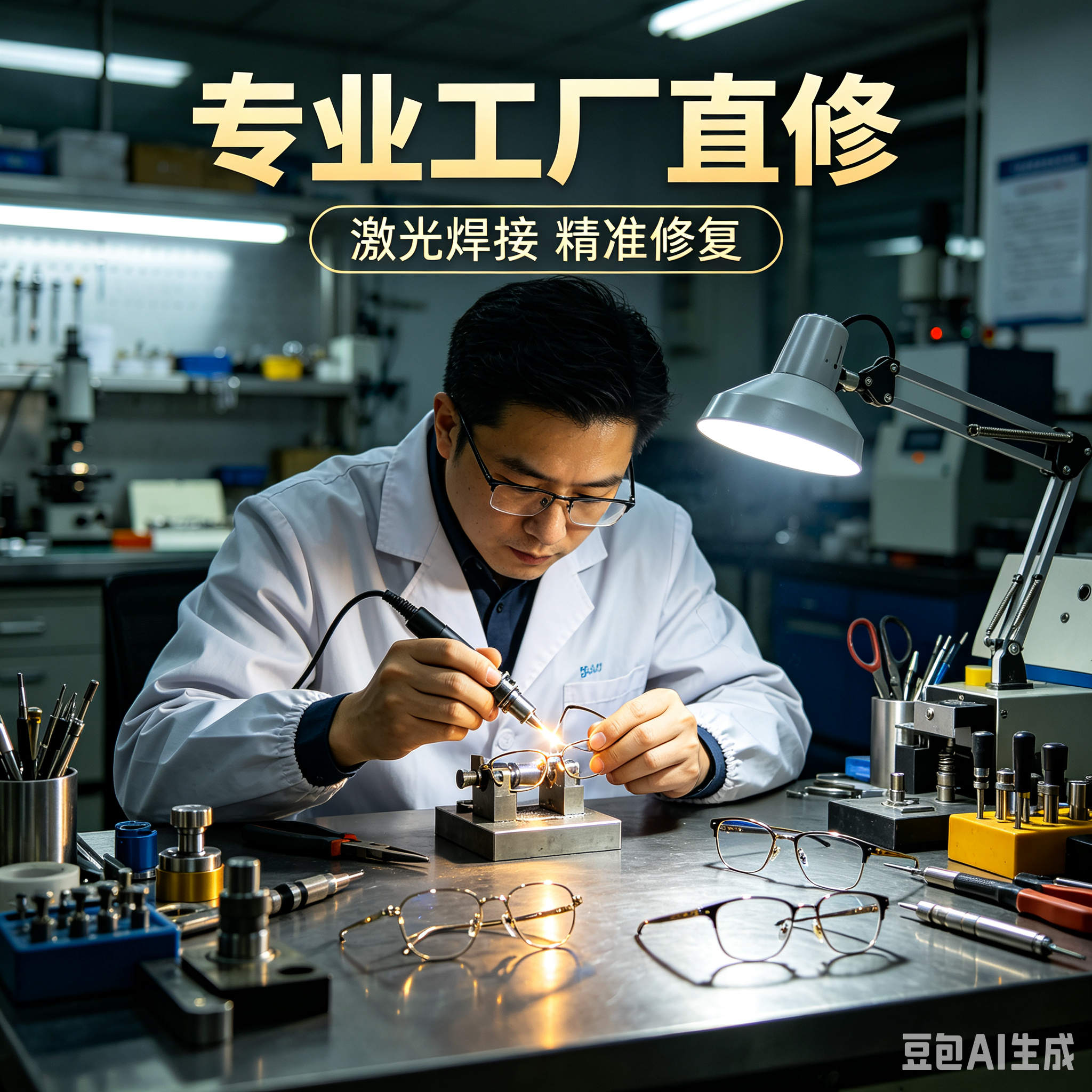 专业眼镜维修服务 金属纯钛架光纤激光断裂焊接 镜腿鼻托翻新矫正