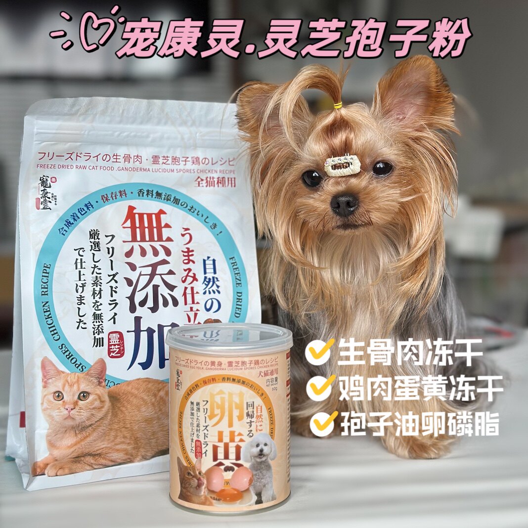 宠康灵芝孢子粉鸡肉蛋黄冻干鱼油增强免疫猫咪狗狗伴食粉保健