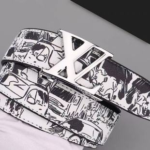 潮流皮带男百搭涂鸦自动扣卡槽学生腰带休闲新款混色网红同款裤带