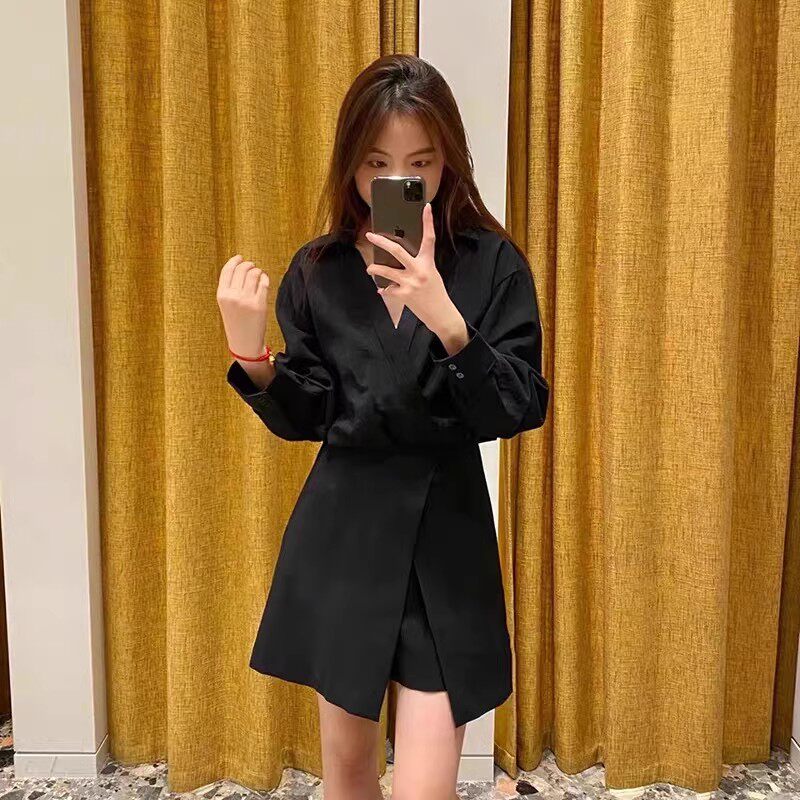 黑色高腰衬衫领连体裤