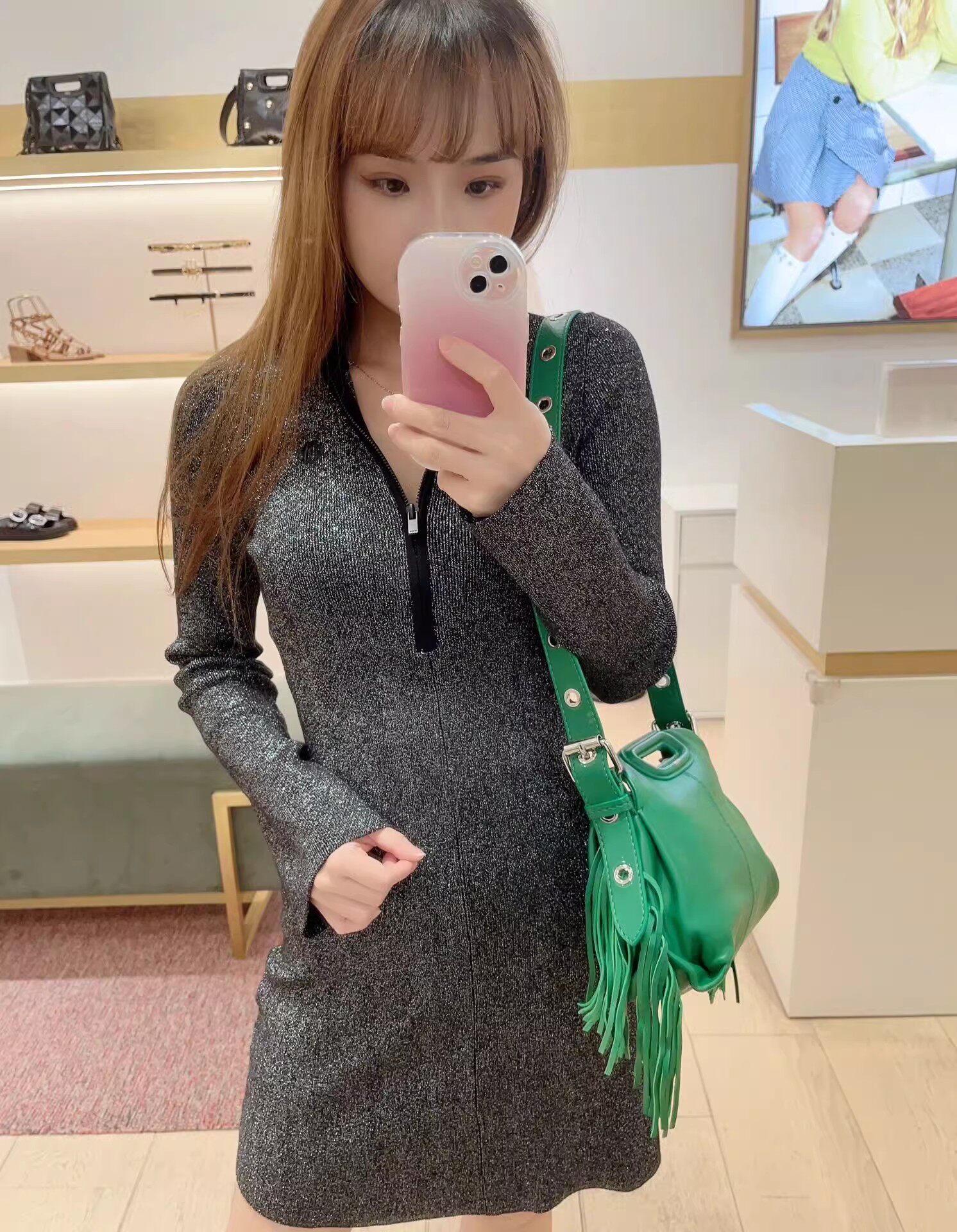 高腰修身长袖针织连衣裙