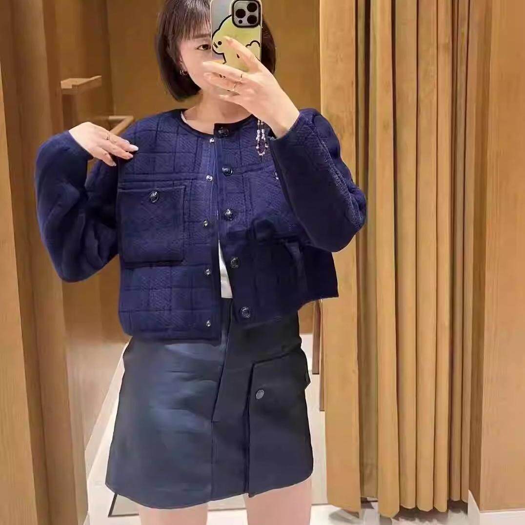 2024早秋新款女装法式短款深蓝色针织开衫上衣SFPCA01094