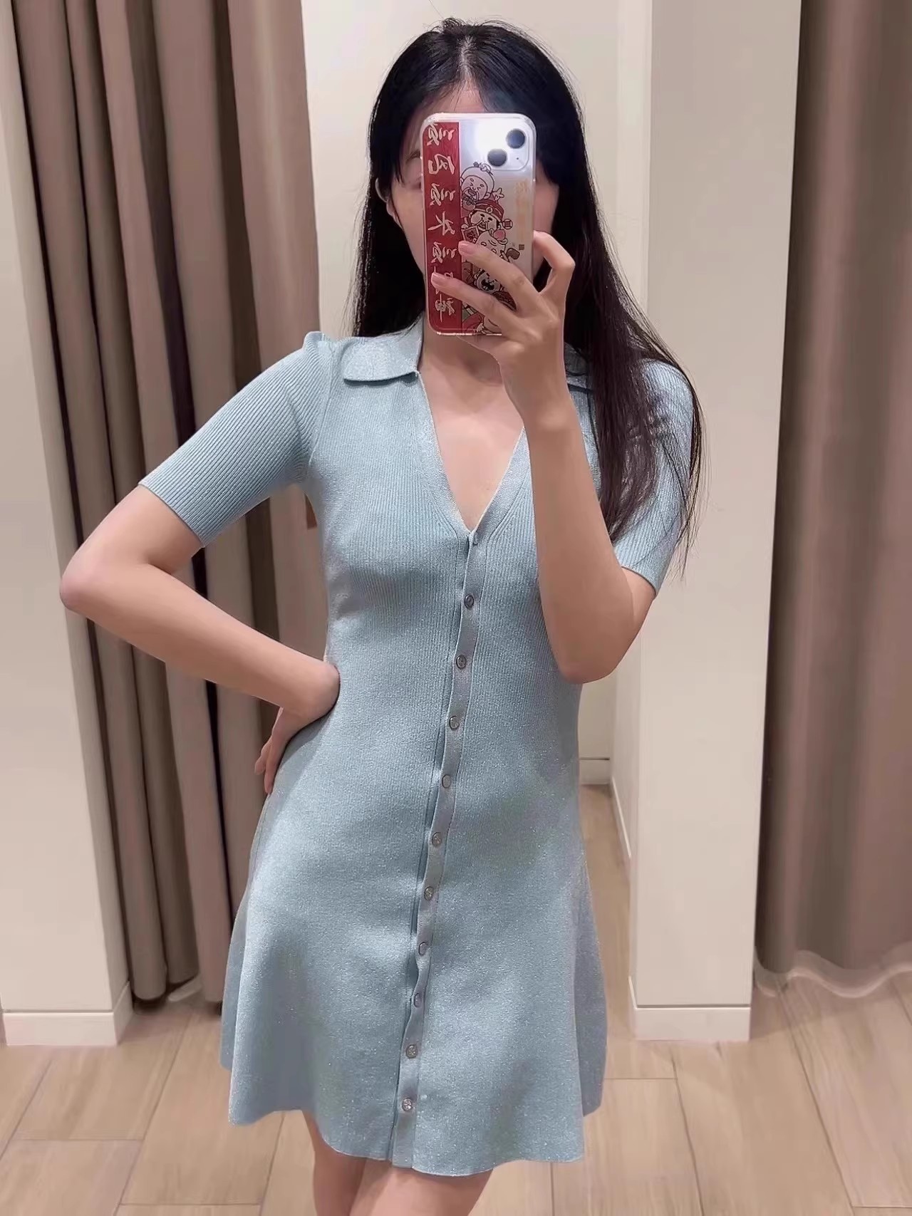 2024早春新款女装时尚V领修身蓝色针织连衣裙短裙MFPRO03688