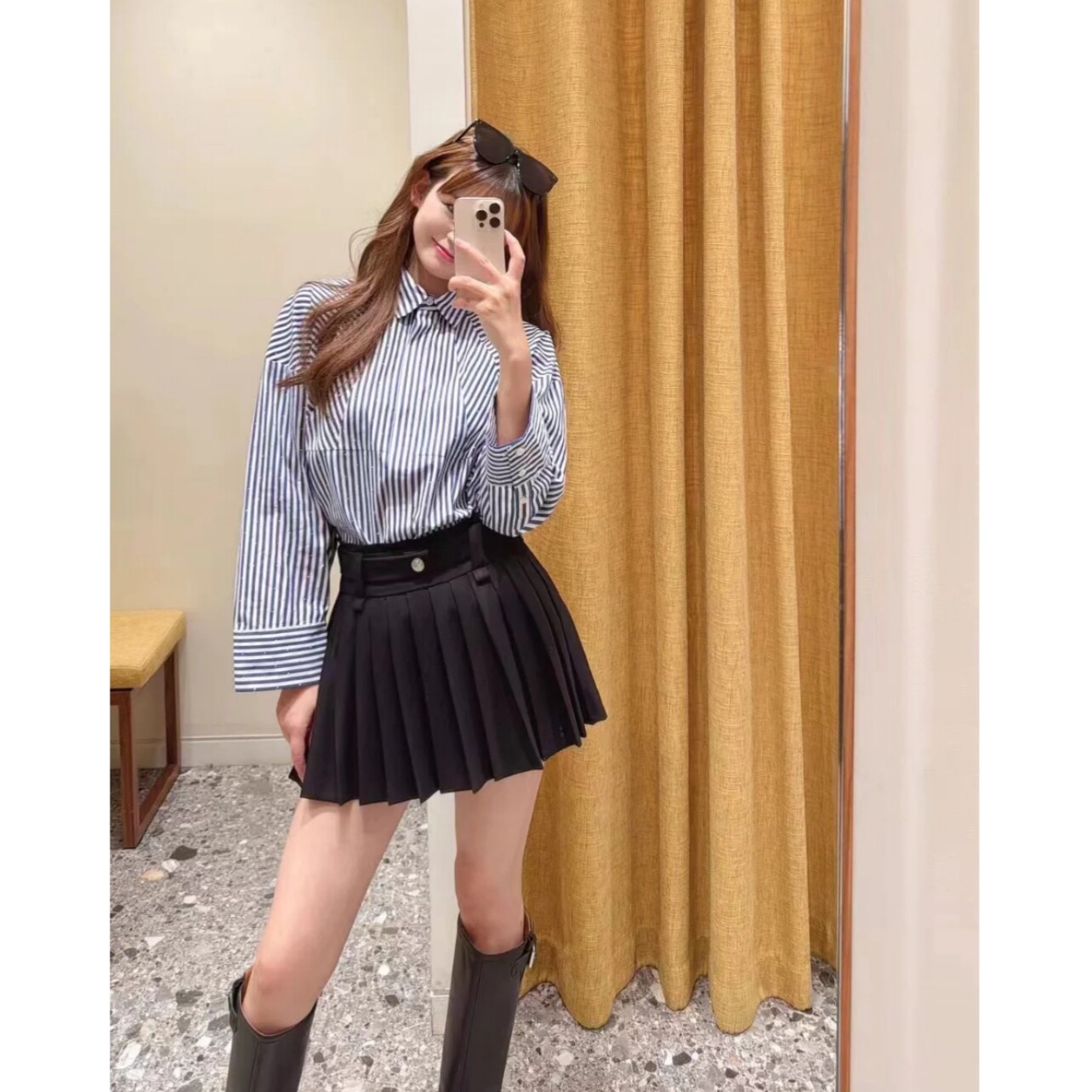女装蓝白撞色褶皱条纹衬衫