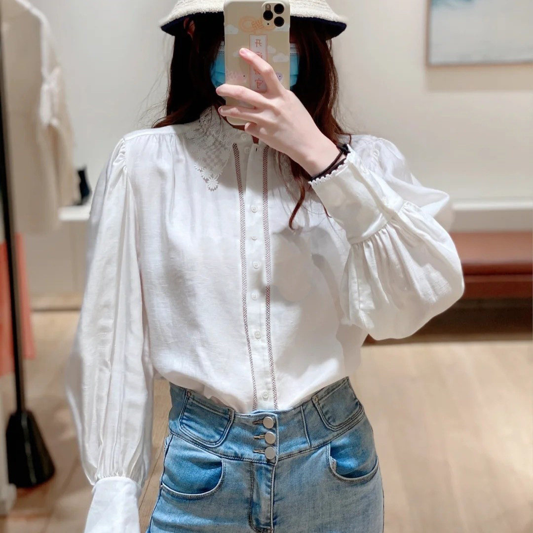 蕾丝领灯笼袖亚麻混纺衬衫