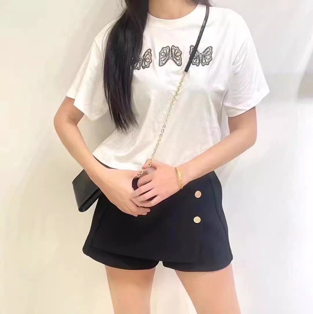 蝴蝶图案棉质白色T恤上衣