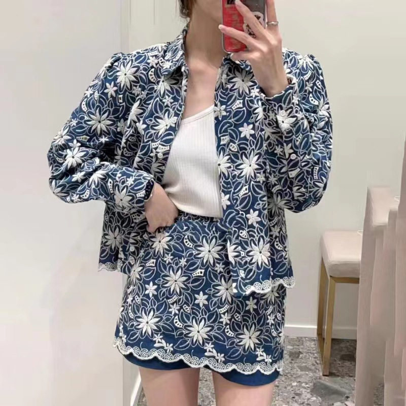 波浪饰边重工刺绣棉质裙裤