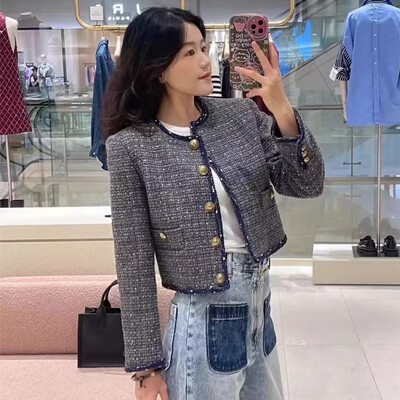 2024秋季新款女装法式花呢蓝灰撞色系扣短款外套SFPVE01062