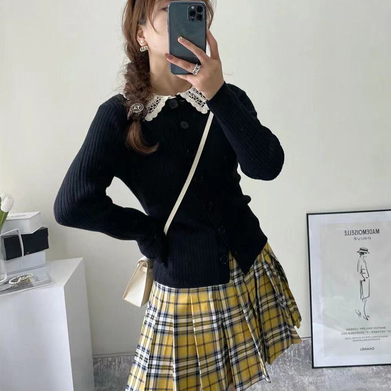 秋冬新款单排扣修身针织衫蕾丝