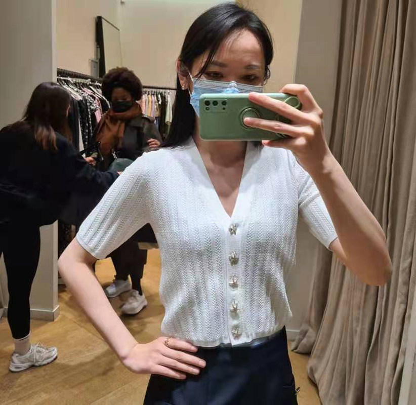 优雅罗纹V领中袖针织开衫