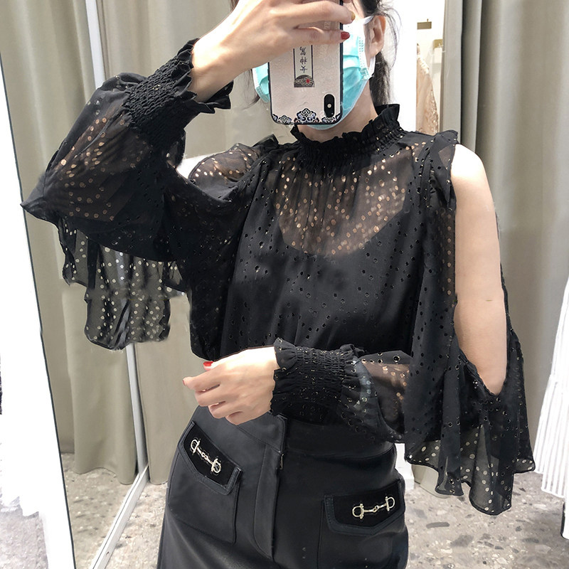 2020微透视长袖荷叶边真丝上衣MFPTO00459