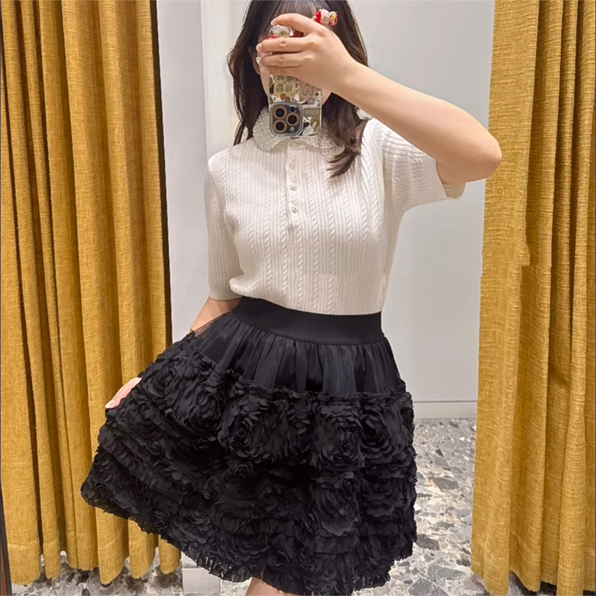 2025早春新款女装黑色花朵短款蓬蓬公主裙半身裙MFPJU01374