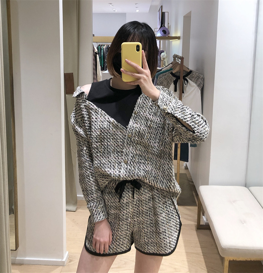 2021花呢编制搭配错视背心衬衫领上衣MFPTO00633